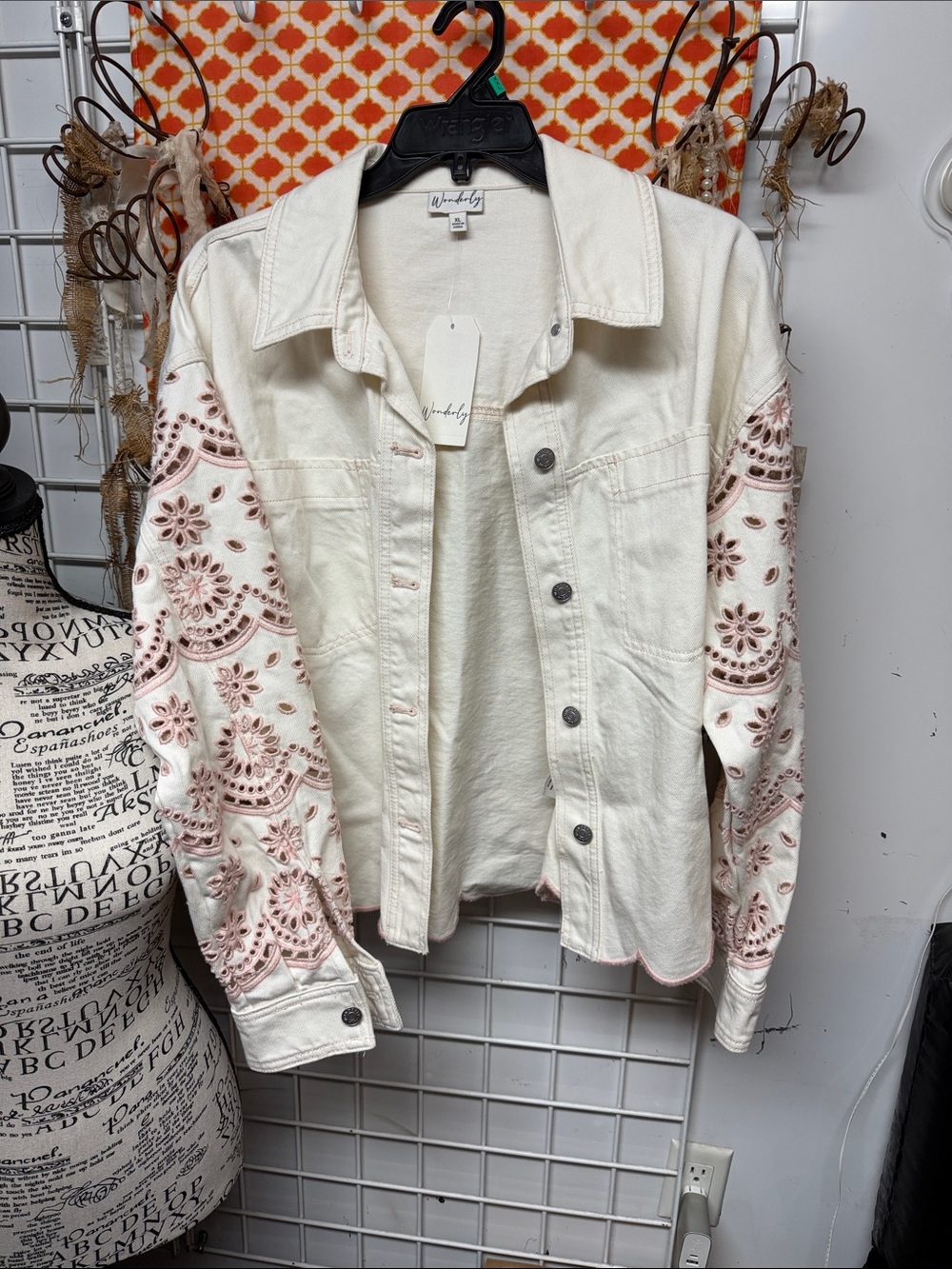Wonderly Cream Denim Jacket with Pink Embroidered Sleeves